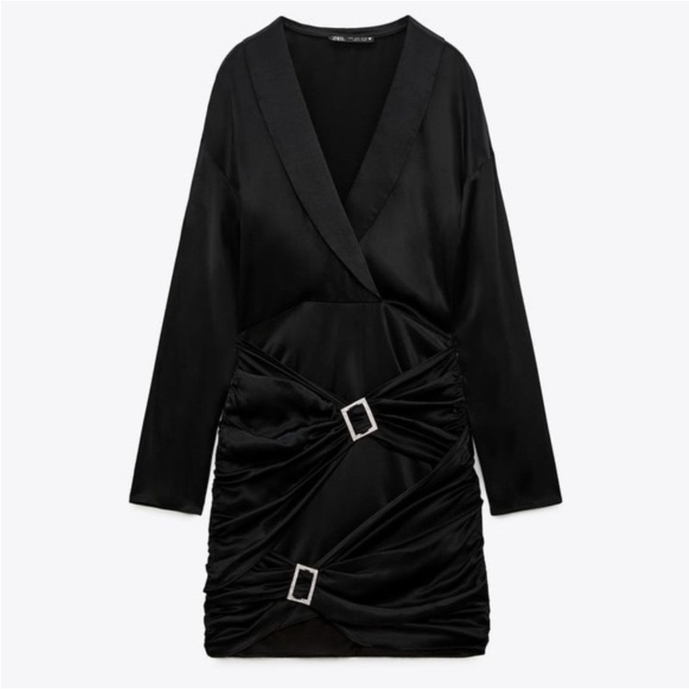 Zara Satin Effect Mini Dress Black Jewel Trim Buckle